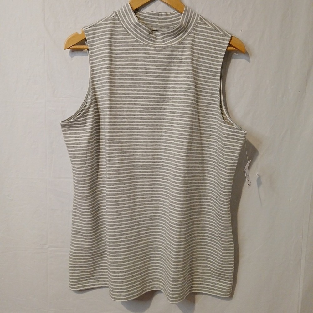 CJ Banks‎ Size 1X High Neck Sleeveless Top Gray White Stripe NWT!
